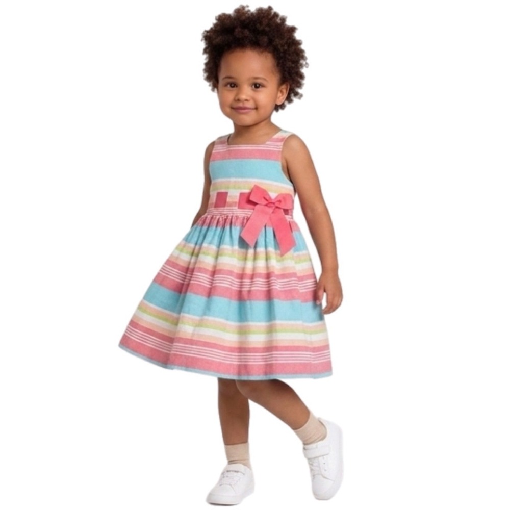 Bonnie Jean Striped Party Dress Kids Size 5 Pink Blue‎ Excellent Bow Accent